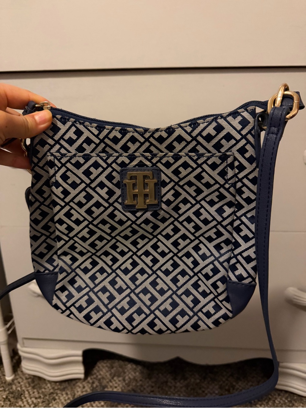 Tommy Hilfiger Navy and White Logo Jacquard Crossbody
